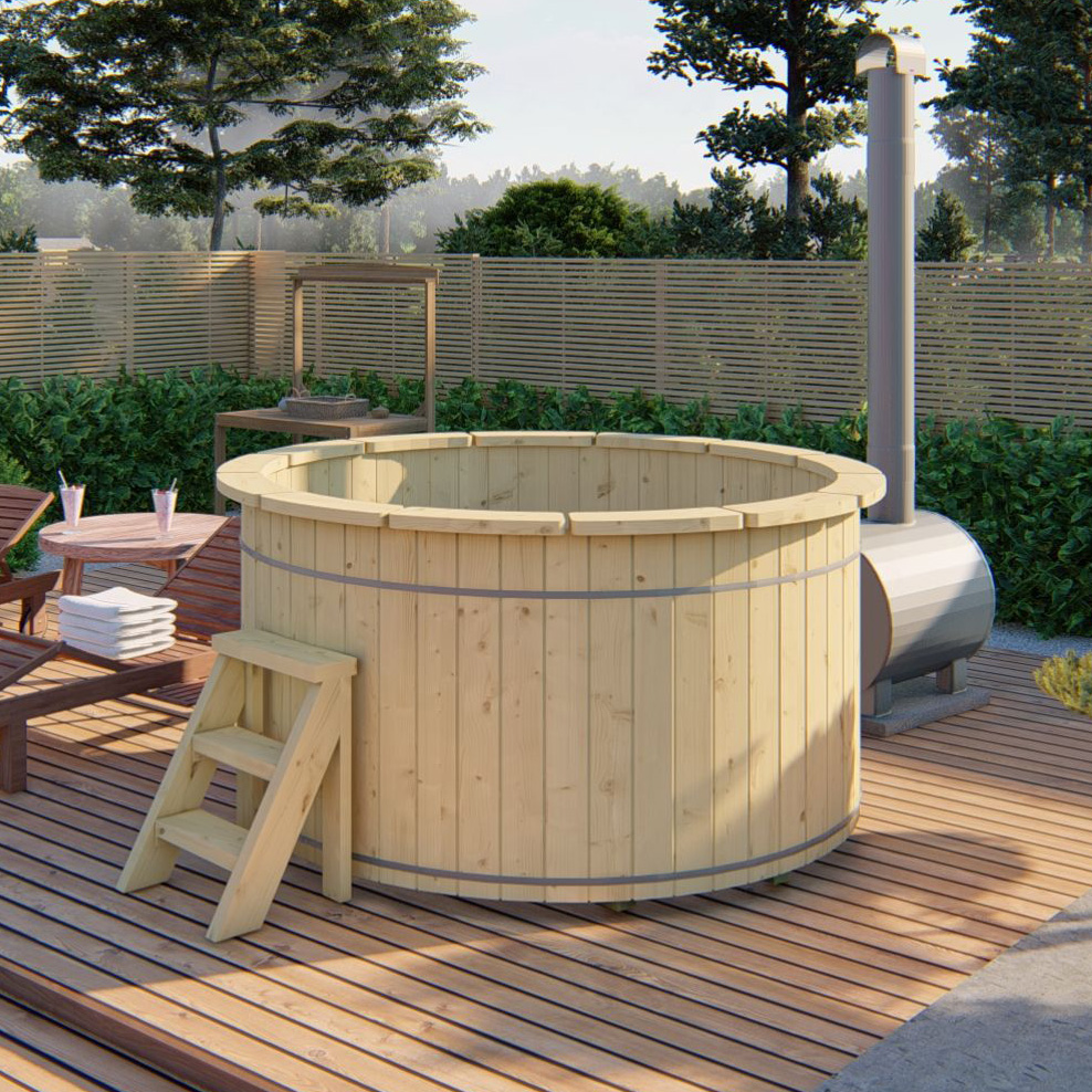 Hottub met externe RVS kachel ø200 cm onbehandeld vuren 1 Houten hottub met externe kachel