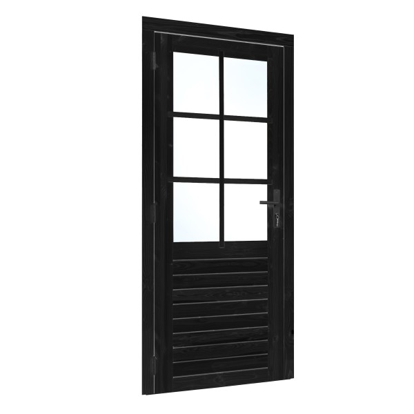 Vuren enkele glas deur 6-ruits zwart gespoten B1000xH2050mm buitenmaat, linksdraaiend