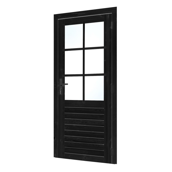 Vuren enkele glas deur 6-ruits zwart gespoten B1000xH2050mm buitenmaat, rechtsdraaiend