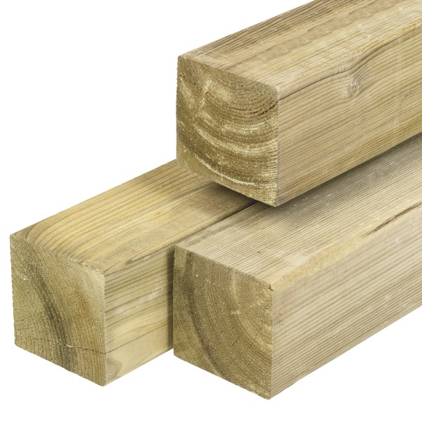 Grenen paal 120x120x3000mm, vers, groen geïmpregneerd, geschaafd, 4 ronde hoeken