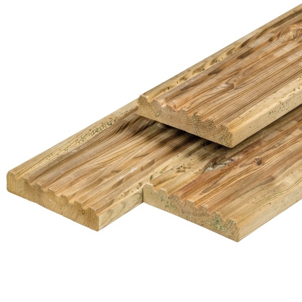 Grenen vlonderplank 2,8 x 14,0 x 300 cm, vers, groen geïmpregneerd, geschaafd, 1 zijde 8 groeven