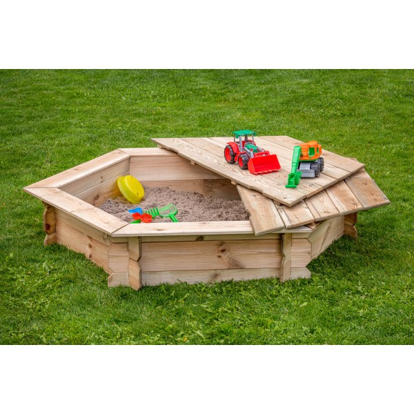 Zandbak zeskant met deksel, geschaafd grenen