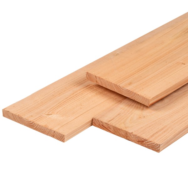 Douglas plank 28x245x4000mm, gedroogd, 3 zijden geschaafd, 1 zijde fijnbezaagd, vellingkant
