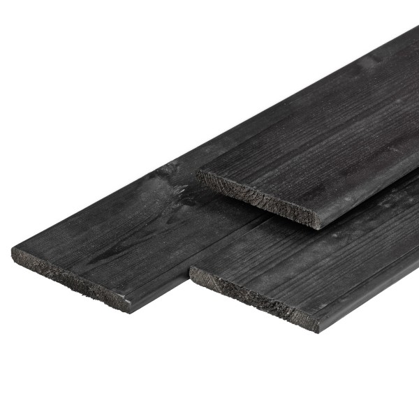 Grenen plank 16x140x3000mm, vers, zwart gespoten, geschaafd, 4 ronde hoeken