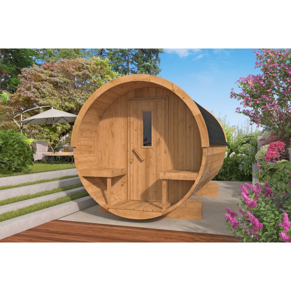 Saunabarrel | Ø205 x 300 cm | 42 mm | Thermowood | met ½ panorama raam