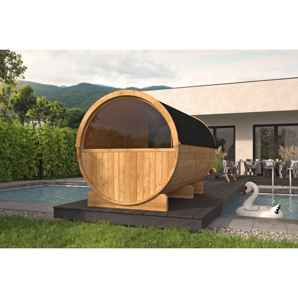 Saunabarrel | Ø205 x 350 cm | 42 mm | Thermowood | met ½ panorama raam