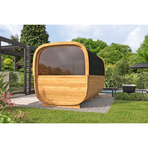 Sauna cube Rovaniemi 390 cm | 42 mm | Thermowood | met ½ panorama raam