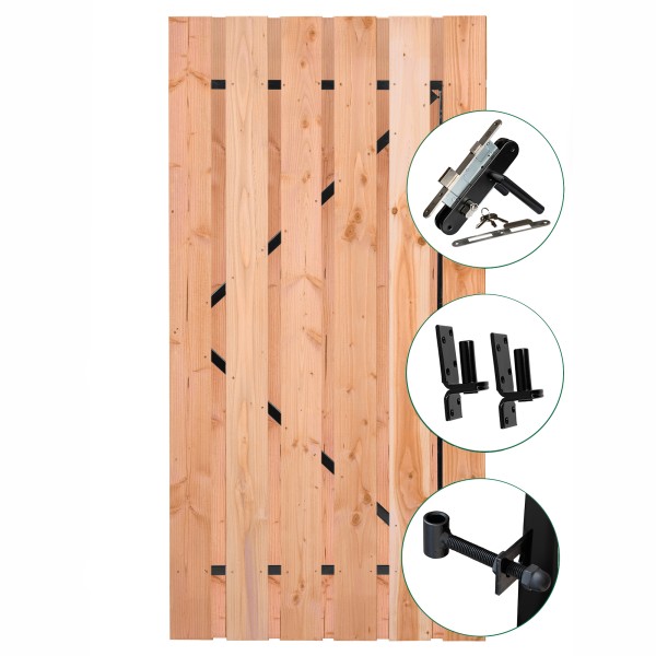 Tuindeur Privacy Douglas 900x1950mm met zwart frame en RVS inbouwslotset