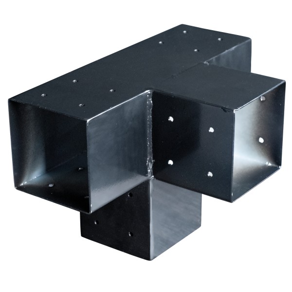 Gegalvaniseerd verbindingsstuk 4-weg T-model voor vierkante palen 150x150mm zwart gepoedercoat, incl. bevestigingsset
