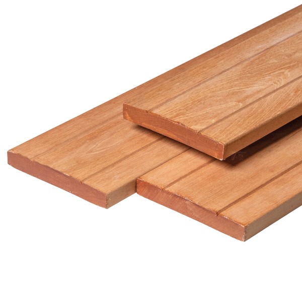 Bangkirai hardhout vlonderplank 28x190x2450mm kunstmatig gedroogd, geschaafd, 1 zijde 2 V-groeven